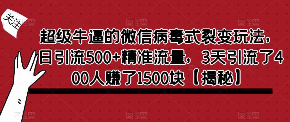 超级牛逼的微信病毒式裂变玩法，日引流500+精准流量，3天引流了400人赚了1500块【揭秘】-第一资源站