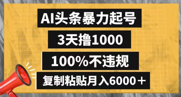 AI头条暴力起号，3天撸1000,100%不违规，复制粘贴月入6000＋【揭秘】-第一资源站