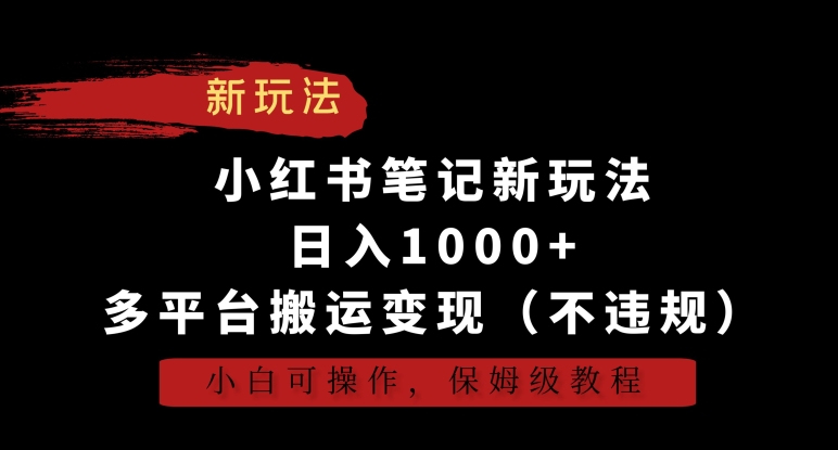 小红书笔记新玩法，日入1000+，多平台搬运变现（不违规），小白可操作，保姆级教程【揭秘】-第一资源站