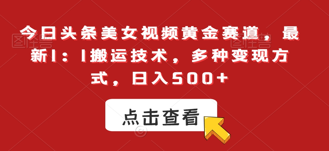 今日头条美女视频黄金赛道，最新1：1搬运技术，多种变现方式，日入500+【揭秘】-第一资源站