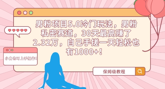 男粉项目5.0冷门玩法，男粉私密赛道，30天最高赚了2.32万，自己手搓一天轻松也有1000+【揭秘】-第一资源站