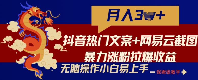 抖音热门文案+网易云截图暴力涨粉拉爆收益玩法，小白无脑操作，简单易上手【揭秘】-第一资源站