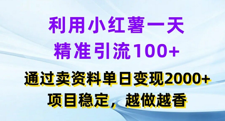 利用小红书一天精准引流100+，通过卖项目单日变现2k+，项目稳定，越做越香【揭秘】-第一资源站