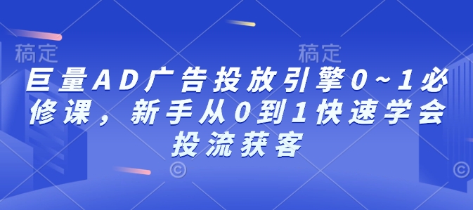 巨量AD广告投放引擎0~1必修课，新手从0到1快速学会投流获客-第一资源站